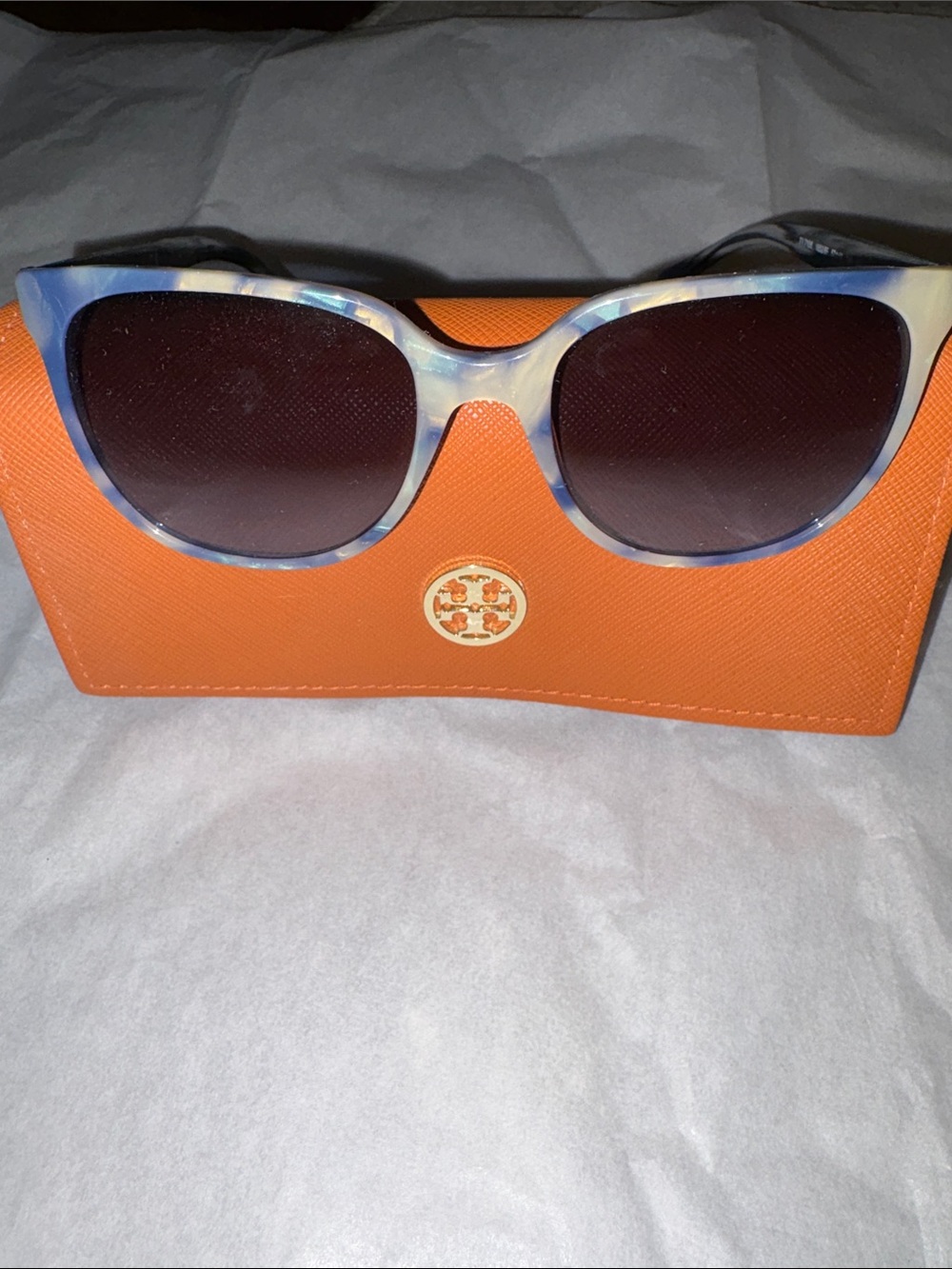 Tory Burch Light Blue Marble Cat-Eye Sunglasses with Dark Lenses